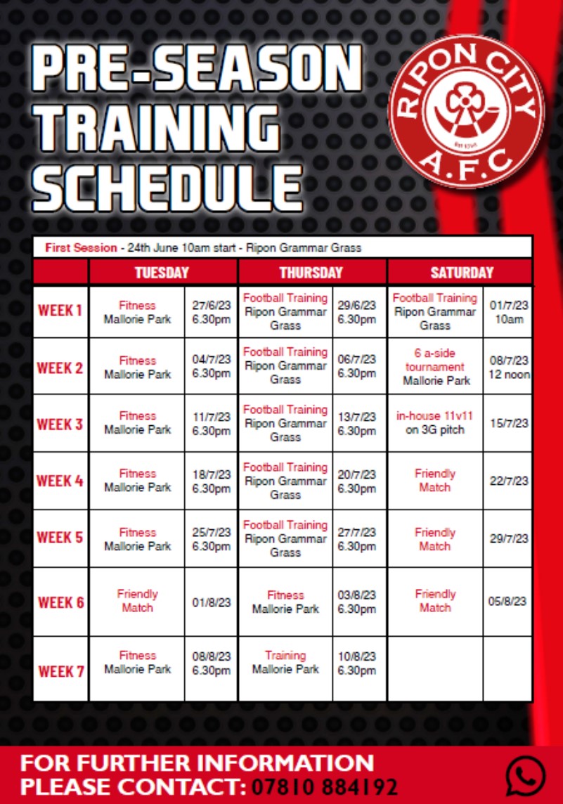 Ripon City AFC, Preseason Training Schedule 2023